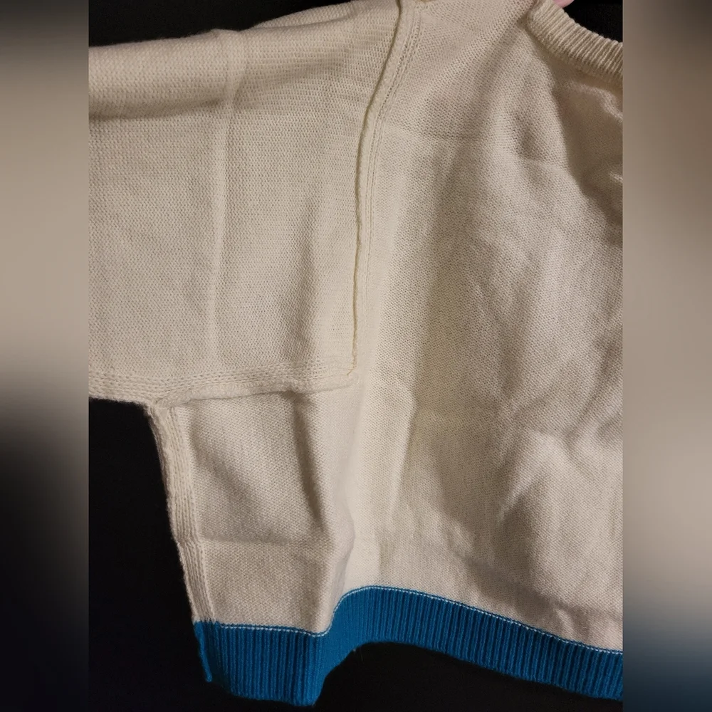 Free People Cream Cropped Sweater with Teal Trim - Picture 6 of 16